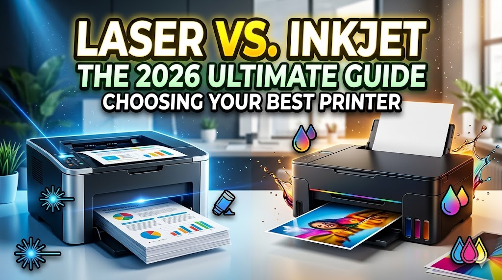 A side-by-side view of a modern HP Inkjet printer producing a photo and an HP LaserJet printing a business report.