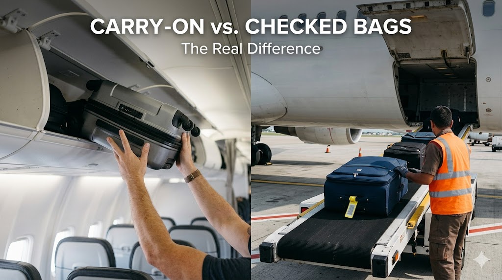 A traveler standing in an airport terminal with a hardshell cabin trolley and a large checked suitcase.