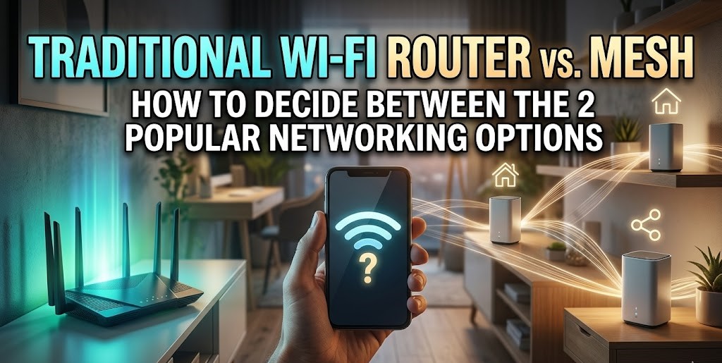 A side-by-side comparison of a modern mesh Wi-Fi node and a traditional high-powered Wi-Fi router with external antennas.