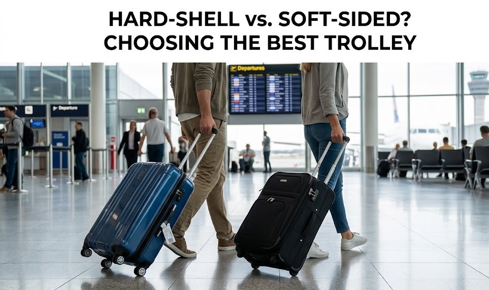 A side-by-side comparison of a sleek polycarbonate hard-shell suitcase and a multi-pocketed nylon soft-sided bag.