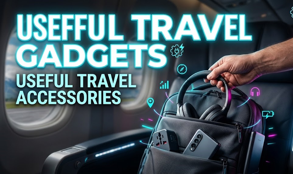 A flat lay of essential travel tech gadgets including a sleek backpack, wireless headphones, a smart watch, and a universal travel adapter.